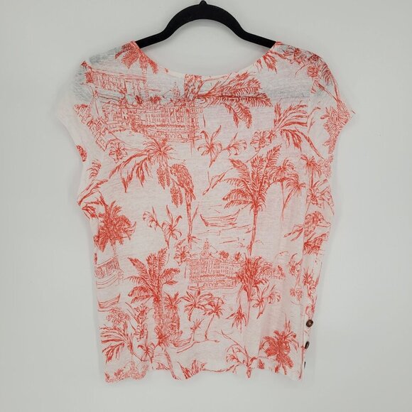 Joie womens medium white rusty orange red tropical print short sleeve linen top - Picture 8 of 9